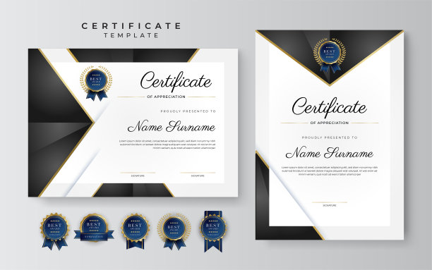 黑色和金色的成就证书边框模板与豪华徽章和现代线条图案。为了奖励、商业和教育需求图片下载