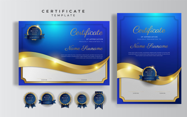 现代蓝色证书模板及边框，用于奖项、文凭、荣誉、成就、毕业及打印图片下载