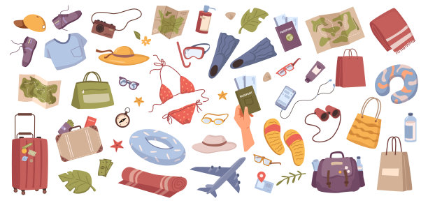 旅游收藏品、独立相机、地图、旅行所需服饰等。睡觉和露营用的行李和枕头、帽子和毛巾、包和垫子。矢量旅游设置在平面风格图片下载