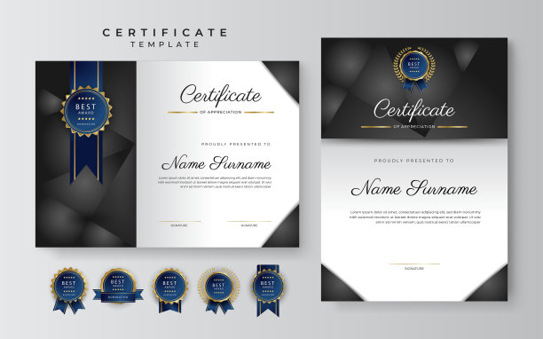 黑色和金色的成就证书边框模板与豪华徽章和现代线条图案。为了奖励、商业和教育需求图片下载
