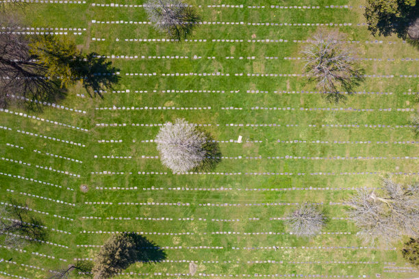 盘旋在现代美国城市公墓上空。城市公墓有许多平整的墓碑。阳光明媚的春天。从空中俯瞰墓葬。图片下载