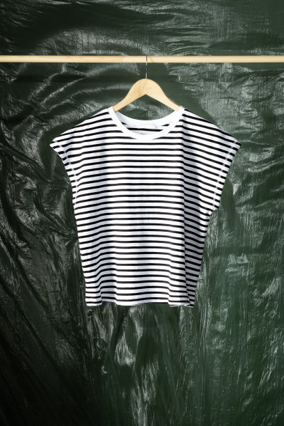 黑白条纹t恤挂在木制衣架上图片下载