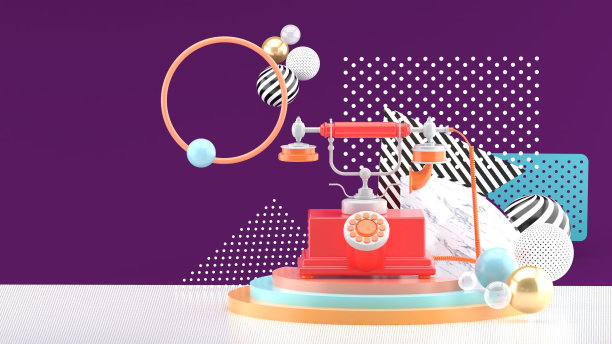 这款古董手机周围是紫色背景的彩色小球和几何图形。3 d渲染。“n图片下载