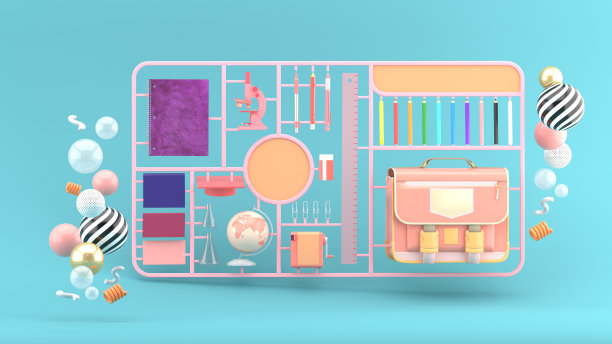 文具、书包、地球仪和显微镜，周围是蓝色背景的彩色球。3 d渲染。“n图片下载