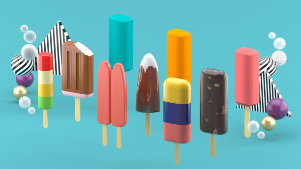 蓝色背景的彩色球围绕着五颜六色的冰淇淋棒。3 d渲染。“n图片下载
