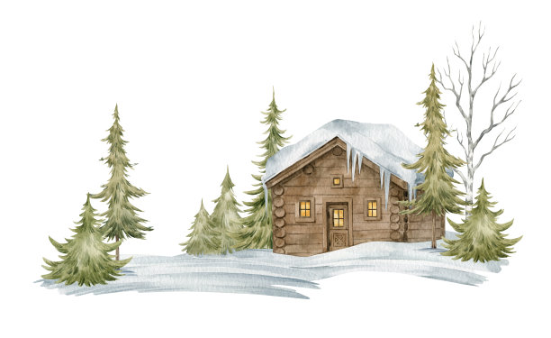 水彩冬天房子图片下载