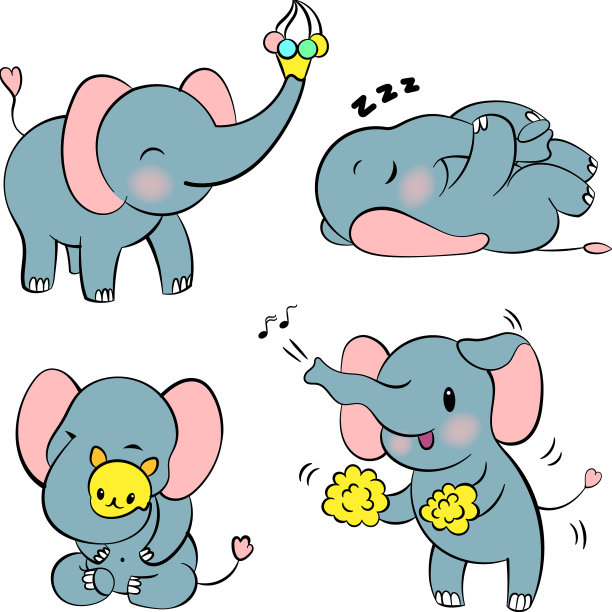 情感贴纸设置可爱的大象卡哇伊图片下载