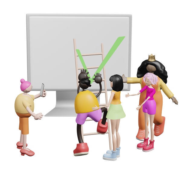 人们为屏幕上的绿色复选框感到高兴。3 d演示。图片下载