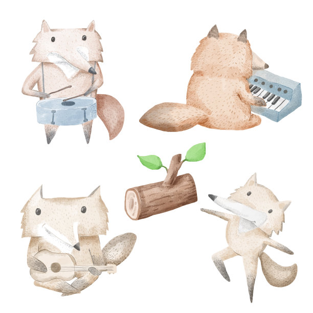 一套由4只动物组成的水彩动物图片下载