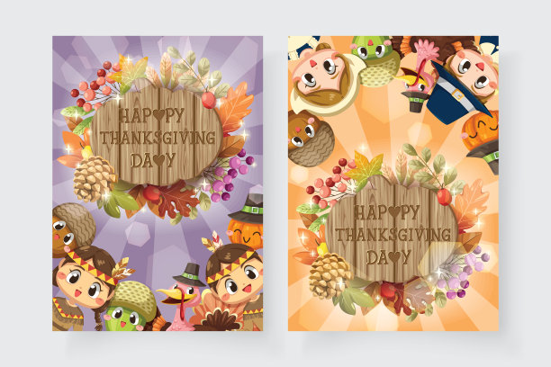 感恩节贺卡快乐，男女火鸡和图片下载