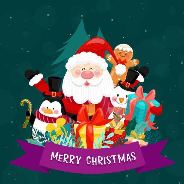 圣诞快乐卡片上有圣诞老人雪人企鹅图片下载