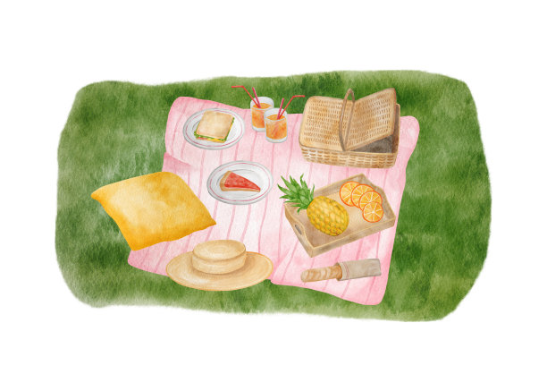 水彩夏天野餐插图。手绘夏日构图，野餐篮，毯子，太阳帽，果汁杯和食物隔离在白色背景上。草地上的户外晚餐小吃。图片下载