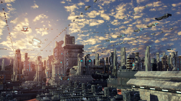 3 d渲染。未来城市和宇宙飞船图片下载