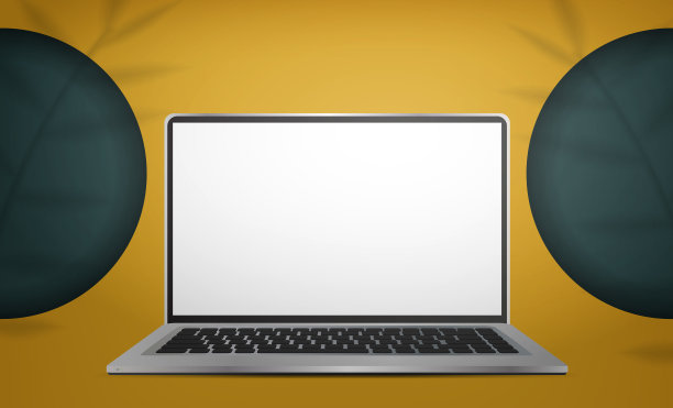 笔记本电脑，白色屏幕，黄色演播室图片下载