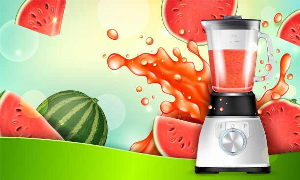 现实详细的3d榨汁机搅拌机与喝西瓜。向量图片下载