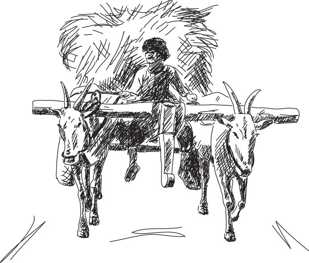 牛车与农民手绘图片下载