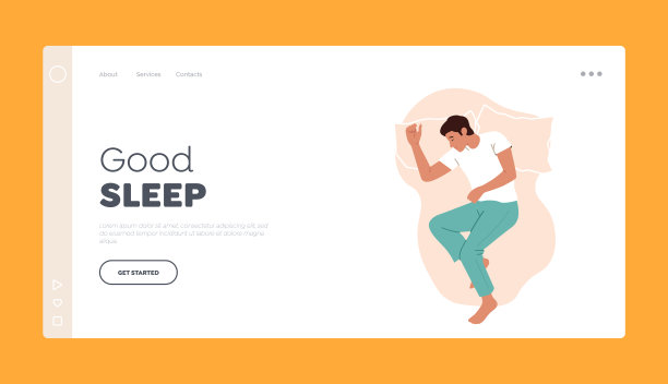 良好的睡眠着陆页面模板。男性角色睡姿放松躺在床上，弯曲腿和手俯视图图片下载