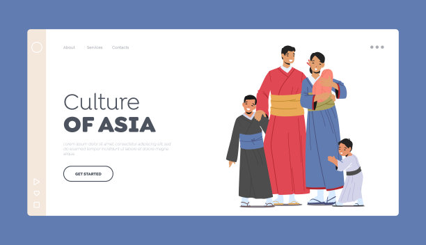 亚洲文化登陆页面模板。幸福亚洲家庭的父母和孩子穿传统的和服。母亲与婴儿图片下载