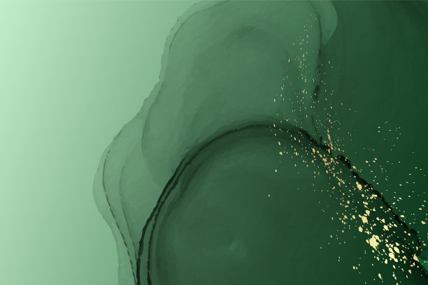 水彩背景与抽象的绿色墨水波和金色的飞溅。图片下载