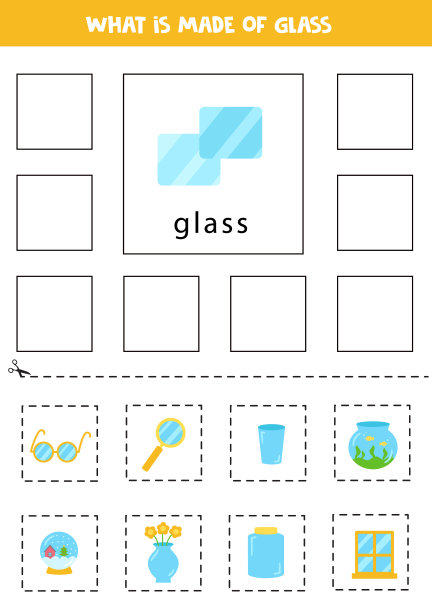 什么是玻璃做的?学习材料。教育卡。削减和胶水。图片下载