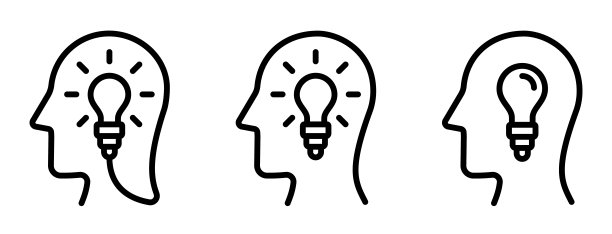 头部与灯泡图标-矢量集。想法行图标。创造性的迹象。头部和灯泡符号。轮廓的风格。孤立。可编辑的中风。矢量图图片下载