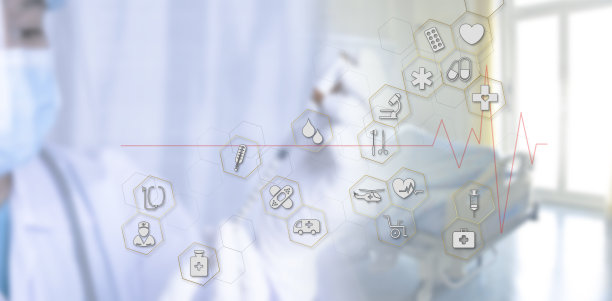 医学医生手持听诊器手持注射器图标连接医疗网络在虚拟屏幕界面上。现代医疗技术与创新理念。医疗健康理念图片下载