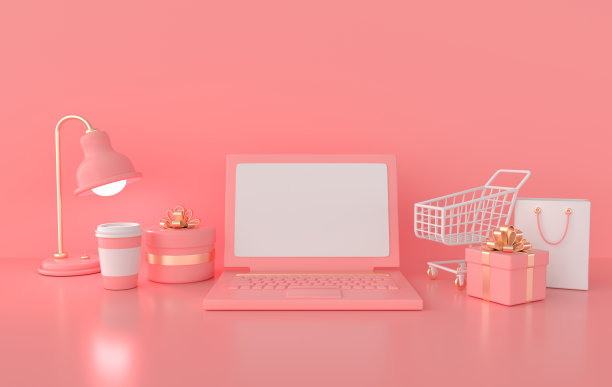 笔记本电脑，台灯，购物车和包，咖啡和礼品盒3d渲染。远程工作，自由职业者，封锁，网上购物和送货的概念。图片下载