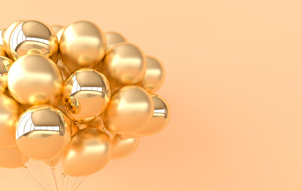 一堆闪闪发光的金色气球。为生日，聚会，促销腾出空间社交媒体横幅，海报。3d渲染气球背景图片下载