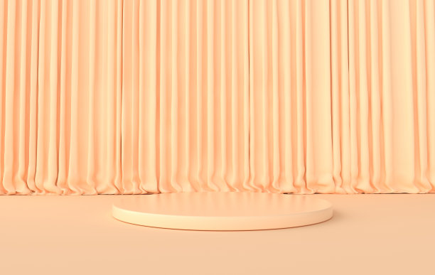 3d渲染的室内几何形状，讲台在地板上，窗帘。产品展示平台，模拟背景。图片下载