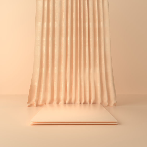 3d渲染的室内几何形状，讲台在地板上，窗帘。产品展示平台，模拟背景。图片下载