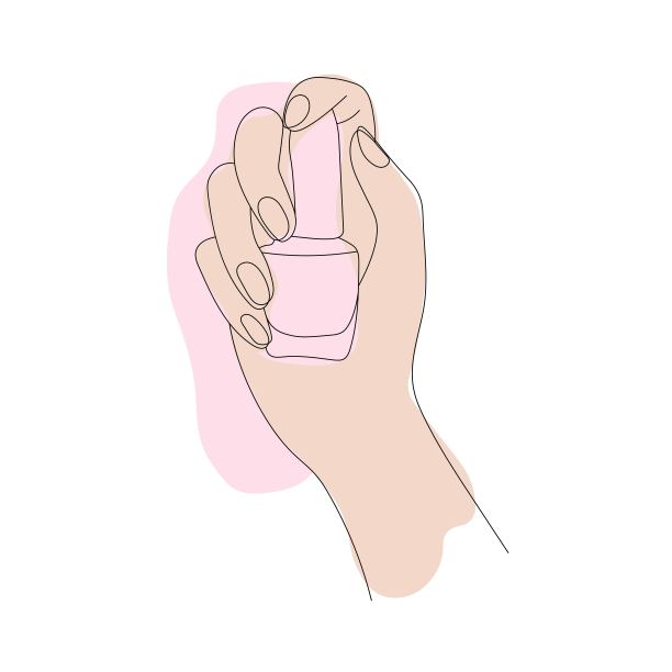 美丽的女性手握指甲油孤立在白色背景。矢量手绘线条艺术的手和粉红色精致的斑点插图。装饰性化妆品的概念。图片下载