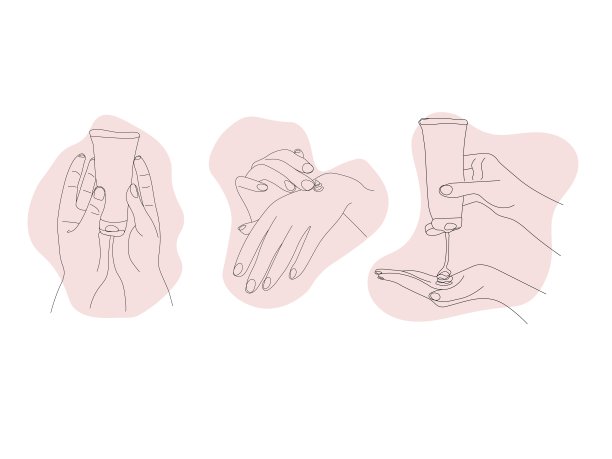 一套女性手与保湿手霜孤立在白色背景。矢量手绘线的手和粉红色的点艺术插图。皮肤护理的概念。用于横幅、广告、标志图片下载