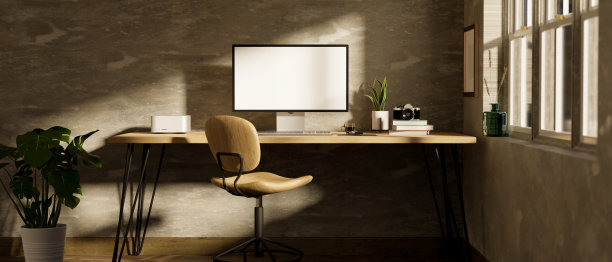 现代阁楼办公桌工作区与pc电脑在木桌子上阁楼水泥墙。图片下载