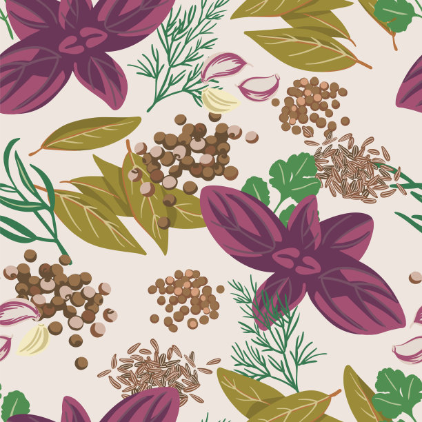 无缝图案套装香料牛肉:罗勒，大蒜，月桂叶，多香果，百里香，香菜，香菜，龙蒿。前视图。平的风格。矢量图图片下载