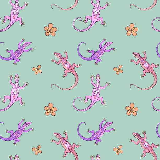 无缝向量模式的蜥蜴和花朵。图片下载