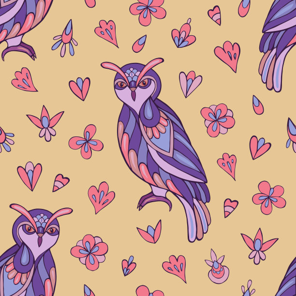 无缝矢量模式的猫头鹰和花朵。图片下载