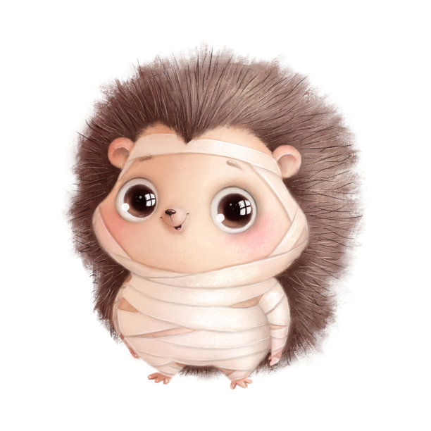 数码绘制了一个可爱的卡通万圣节刺猬在木乃伊服装插图。万圣节可爱的动物。图片下载