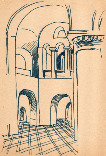 由毛毡尖笔手绘的切尔尼hiv古老东正教教堂内部草图。矢量跟踪黑白插图图片下载