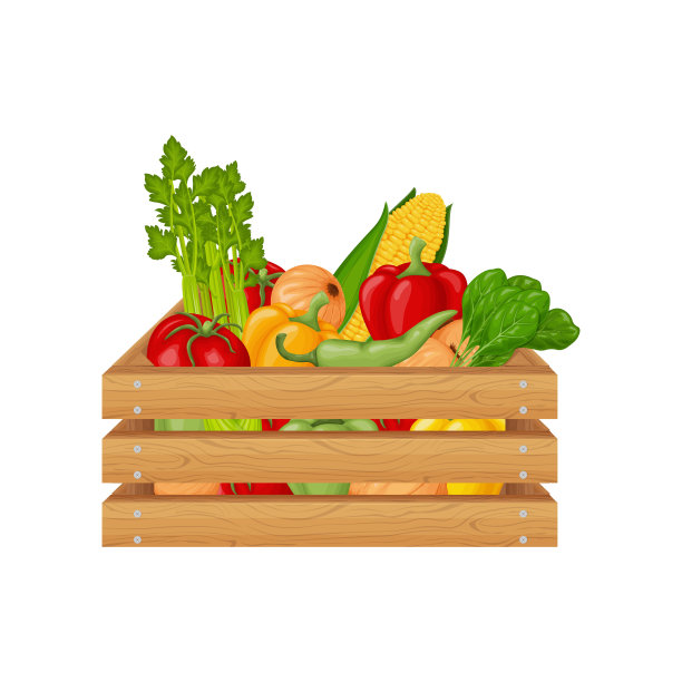 一盒蔬菜，如西红柿，辣椒，洋葱，玉米，芹菜和香草。有蔬菜的木箱子。菜园里的有机食品。向量图片下载