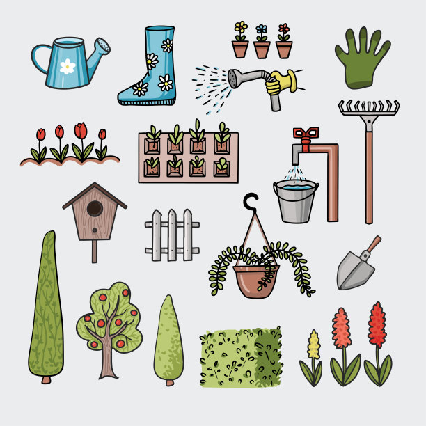 收集矢量插图的花园，浇水幼苗，树木，灌木图片下载