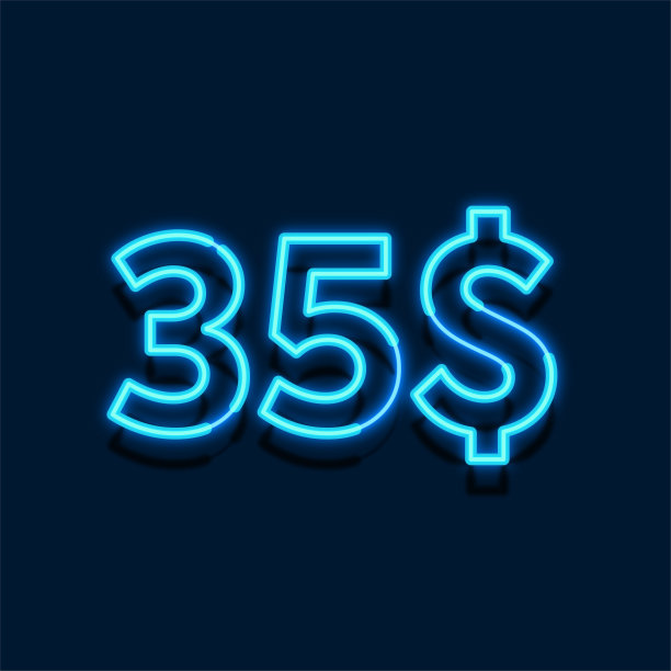 霓虹灯$ 35美元的价格标志设计。绿色背景，享35元特惠图片下载