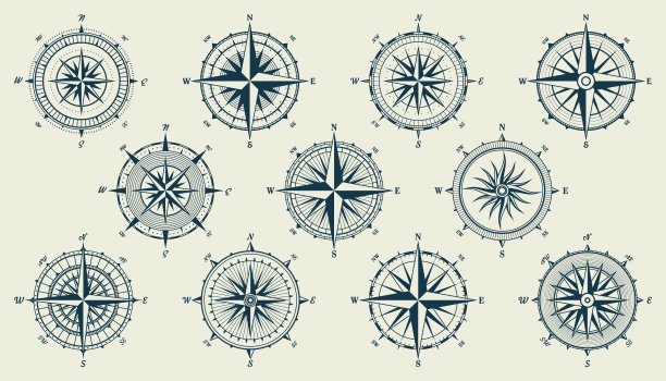 复古海上风玫瑰，航海图。单色导航罗盘，基本方向为北，东，南，西。地理位置、制图和导航。矢量插图。图片下载
