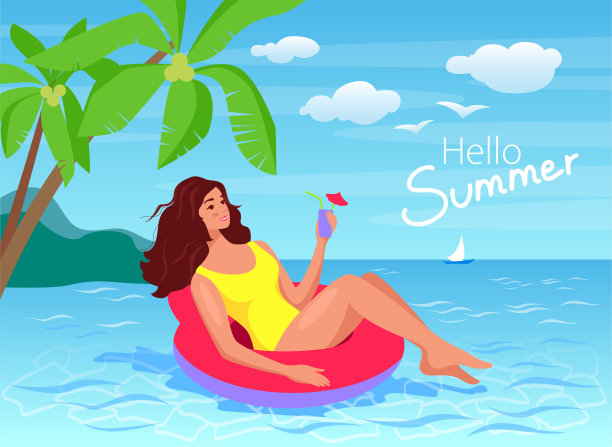 夏天的海滩上，一名年轻女子穿着泳装，坐在一个充气圈里喝着饮料。棕榈树和海鸥在海上，阳光明媚的日子。插图图片下载
