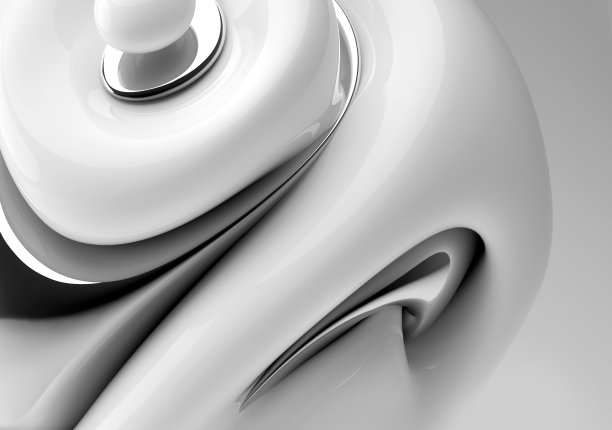 3d渲染单色黑白抽象艺术3d背景与部分超现实异形球体花朵雕塑曲线波浪式优雅流畅的线条形成在光滑的陶瓷材料与灰色背面的银色金属部分图片下载