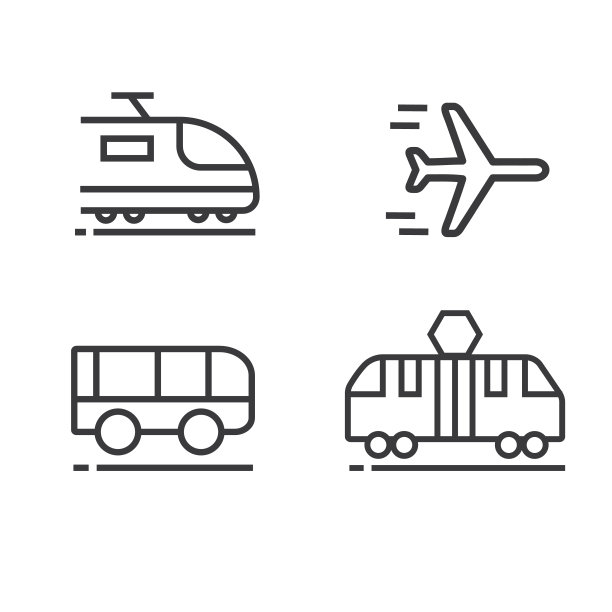 火车，电车，飞机和公共汽车，图标，矢量，插图。图片下载