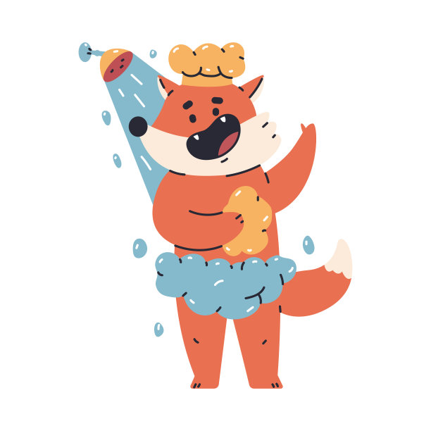 小狐狸洗淋浴矢量卡通卫生概念插图孤立在白色背景。图片下载