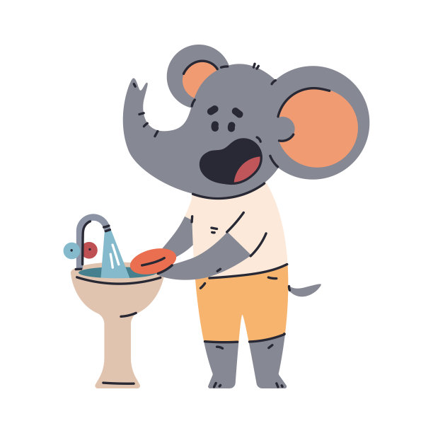 小象洗手矢量卡通卫生概念插图孤立在白色背景。图片下载