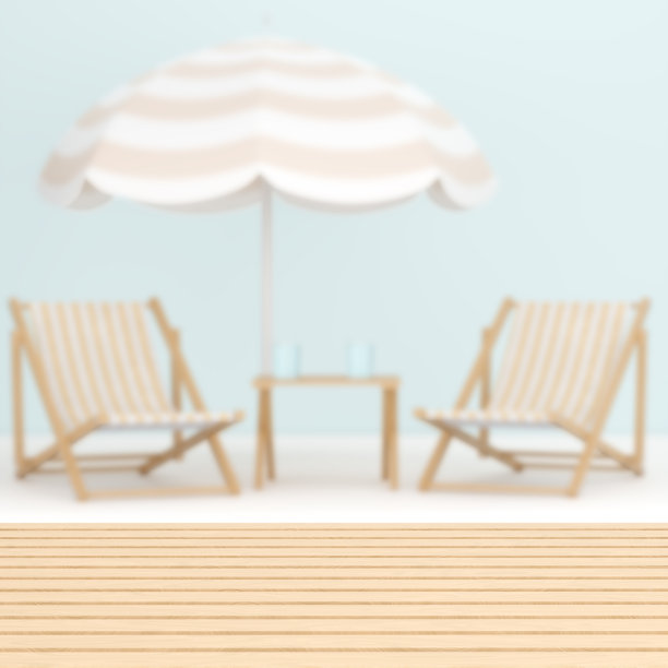 夏日抽象模糊背景。带遮阳伞和日光浴躺椅的沙滩桌。三维渲染场景可视化。图片下载