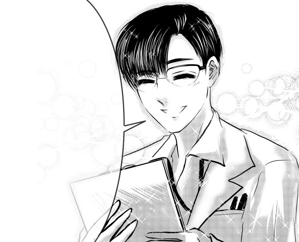 黑白卡通插图，英俊的眼镜医生在体检时微笑着给他的病人建议和鼓励。图片下载