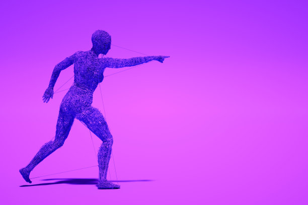 机器人在紫色背景上指着前方，三维连线形状图片下载